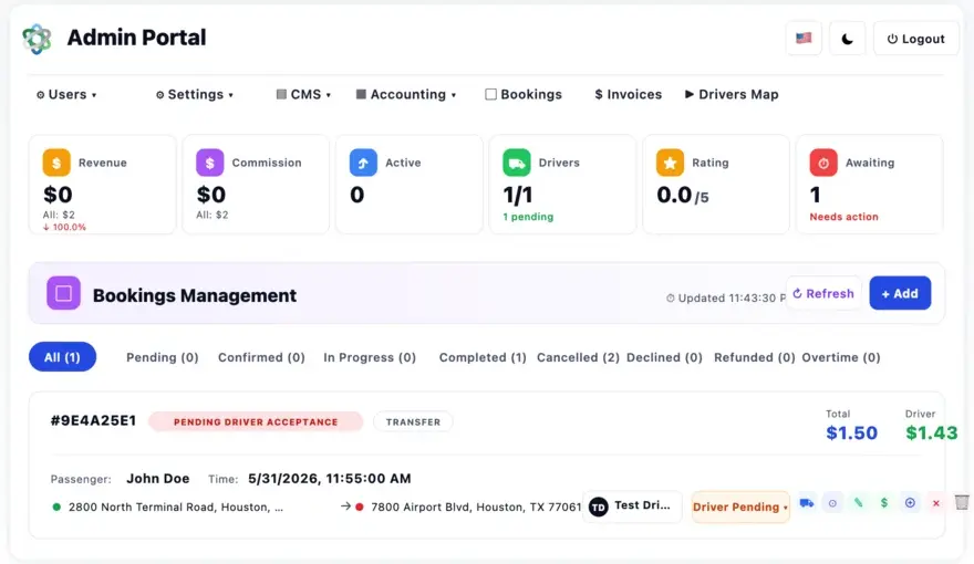 The Exaltis admin portal showing revenue, commission, active jobs, driver and rating tiles above a bookings management table.